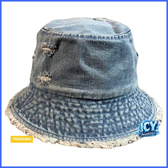 Distressed Denim Bucket Hat Frayed Edge Adjustable Sun Protection main image 6